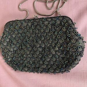 Vintage Carla Marchi Beaded Evening Bag Silver Chain Black Gold Shimmer Purse